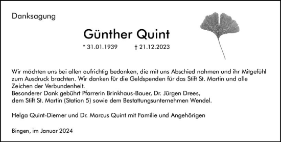 Traueranzeige von Günther Quint von Allgemeine Zeitung Bingen/Ingelheim