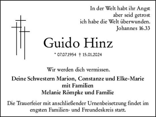 Traueranzeige von Guido Hinz von Wiesbadener Kurier