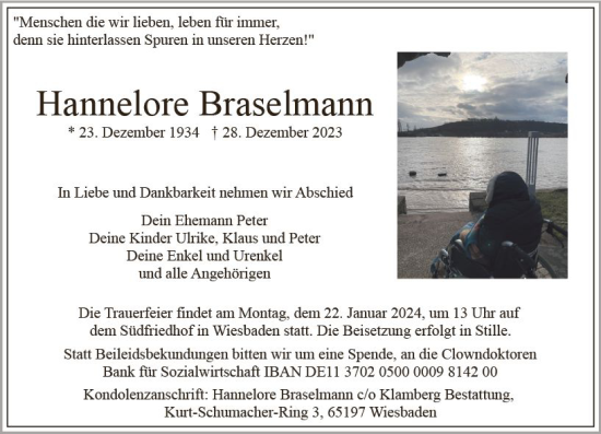 Traueranzeige von Hannelore Braselmann von Wiesbadener Kurier