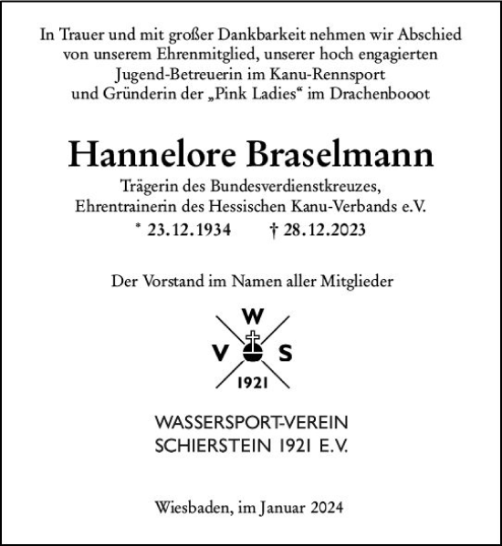 Traueranzeige von Hannelore Braselmann von Wiesbadener Kurier