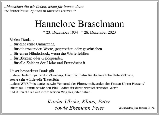 Traueranzeige von Hannelore Braselmann von Wiesbadener Kurier