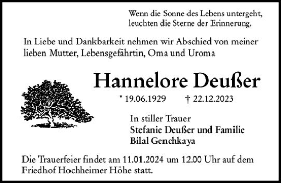 Traueranzeige von Hannelore Deußer von Wormser Zeitung