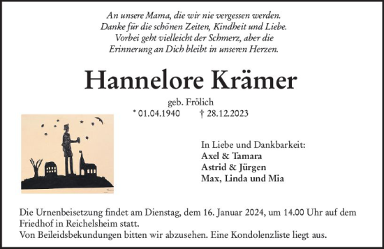 Traueranzeige von Hannelore Krämer von Odenwälder Echo