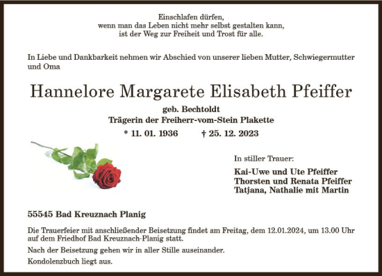 Traueranzeige von Hannelore Margarete Elisabeth Pfeiffer von Allgemeine Zeitung Bad Kreuznach