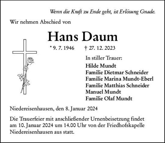 Traueranzeige von Hans Daum von Hinterländer Anzeiger