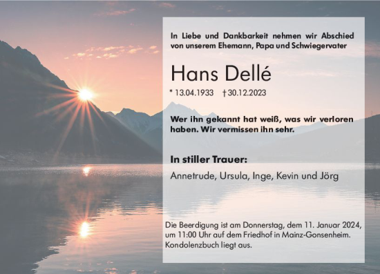 Traueranzeige von Hans Delle von Allgemeine Zeitung Mainz