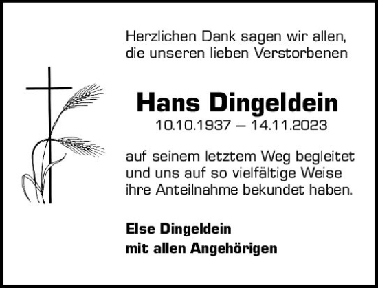 Traueranzeige von Hans Dingeldein von Odenwälder Echo