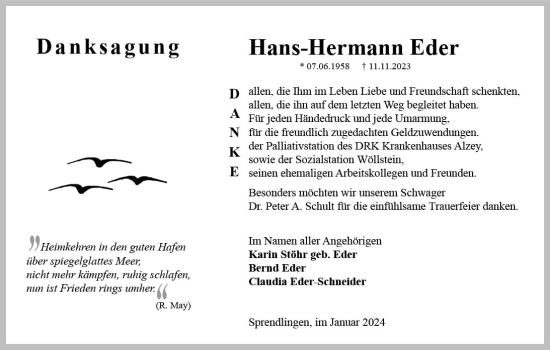 Traueranzeige von Hans-Hermann Eder von Allgemeine Zeitung Bingen/Ingelheim