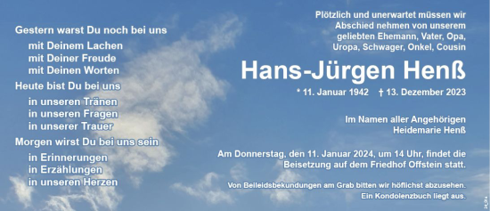 Traueranzeige von Hans-Jürgen Henß von Wormser Zeitung