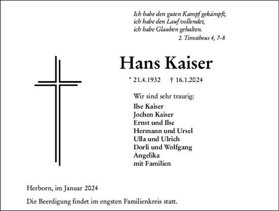 Traueranzeige von Hans Kaiser von Dill Block