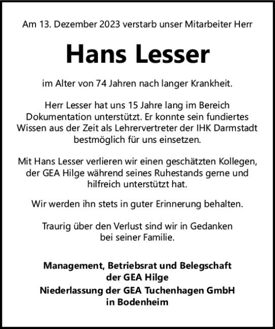 Traueranzeige von Hans Lesser von Allgemeine Zeitung Mainz