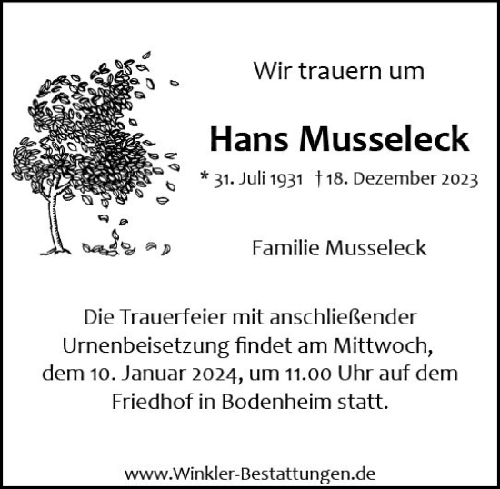 Traueranzeige von Hans Musseleck von Allgemeine Zeitung Mainz