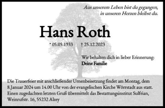 Traueranzeige von Hans Roth von Allgemeine Zeitung Alzey