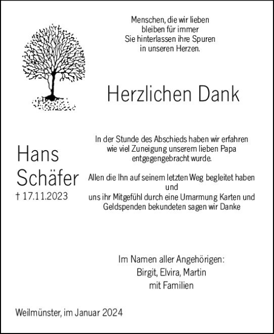 Traueranzeige von Hans Schäfer von Weilburger Tageblatt