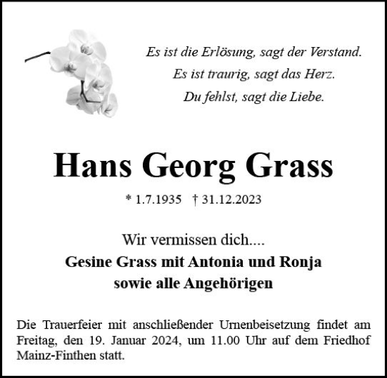 Traueranzeige von Hans Georg Grass von Allgemeine Zeitung Mainz