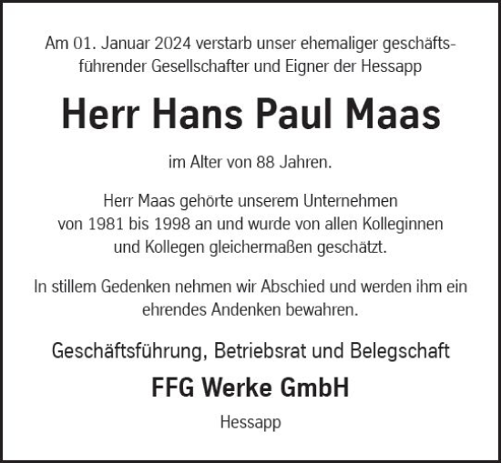 Traueranzeige von Hans Paul Maas von Idsteiner Land/Untertaunus