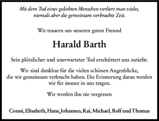 Traueranzeige von Harald Barth von Rüsselsheimer Echo