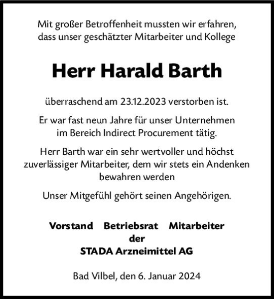 Traueranzeige von Harald Barth von Rüsselsheimer Echo