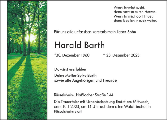 Traueranzeige von Harald Barth von Rüsselsheimer Echo