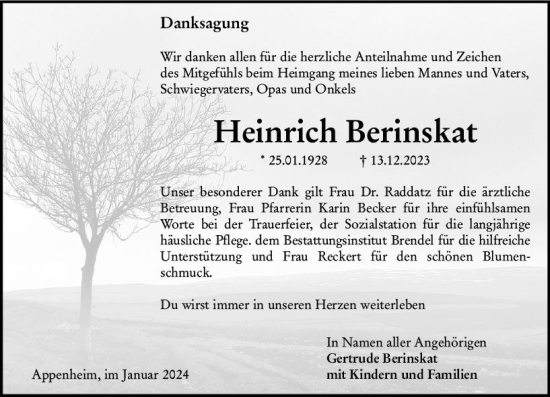 Traueranzeige von Heinrich Berinskat von Allgemeine Zeitung Bingen/Ingelheim