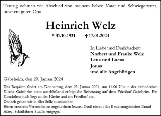 Traueranzeige von Heinrich Welz von Allgemeine Zeitung Alzey