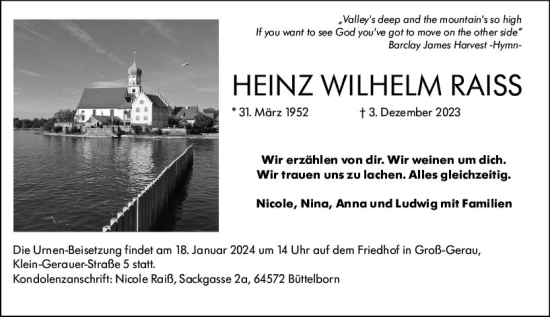 Traueranzeige von Heinz Wilhelm Raiss von Groß-Gerauer Echo