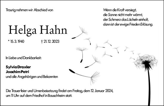 Traueranzeige von Helga Hahn von Rüsselsheimer Echo
