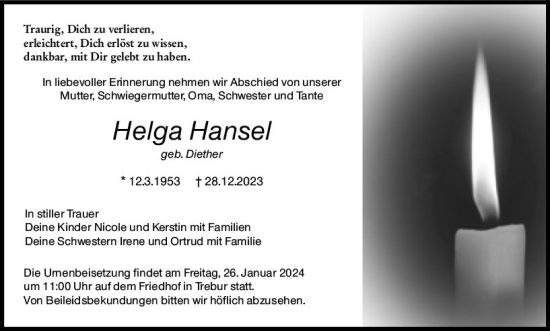 Traueranzeige von Helga Hansel von Groß-Gerauer Echo