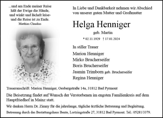 Traueranzeige von Helga Henniger von Allgemeine Zeitung Mainz