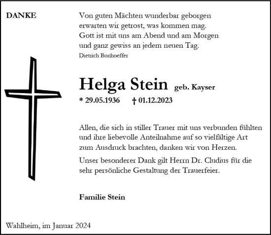 Traueranzeige von Helga Stein von Allgemeine Zeitung Alzey