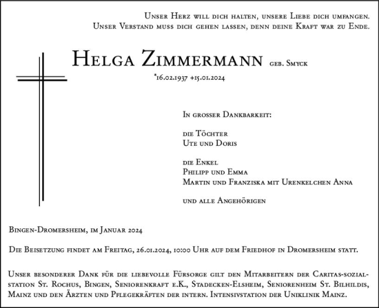 Traueranzeige von Helga Zimmermann von Allgemeine Zeitung Bingen/Ingelheim