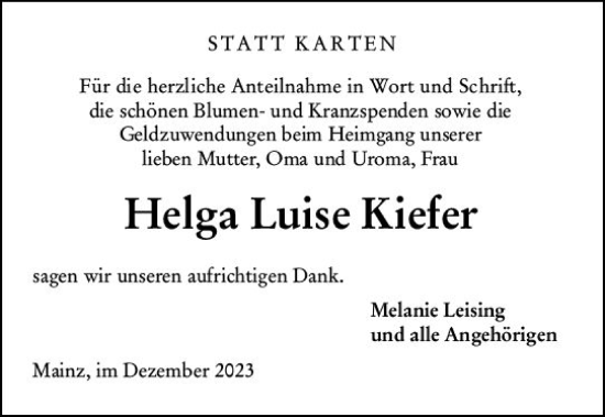 Traueranzeige von Helga Luise Kiefer von Allgemeine Zeitung Mainz