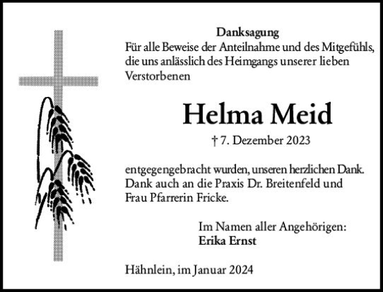 Traueranzeige von Helma Meid von Darmstädter Echo