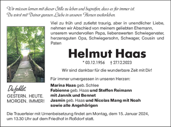 Traueranzeige von Helmut Haas von Darmstädter Echo