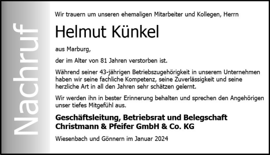Traueranzeige von Helmut Künkel von Hinterländer Anzeiger