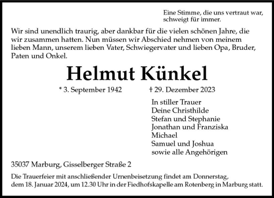 Traueranzeige von Helmut Künkel von Hinterländer Anzeiger