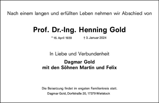 Traueranzeige von Henning Gold von Allgemeine Zeitung Bingen/Ingelheim