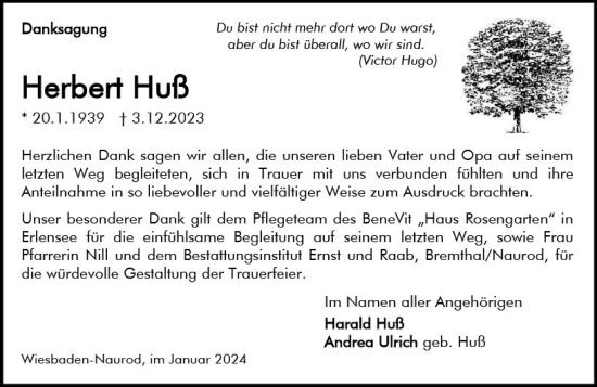 Traueranzeige von Herbert Huß von Wiesbadener Kurier