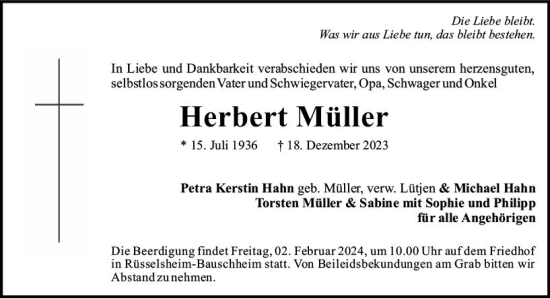 Traueranzeige von Herbert Müller von Rüsselsheimer Echo