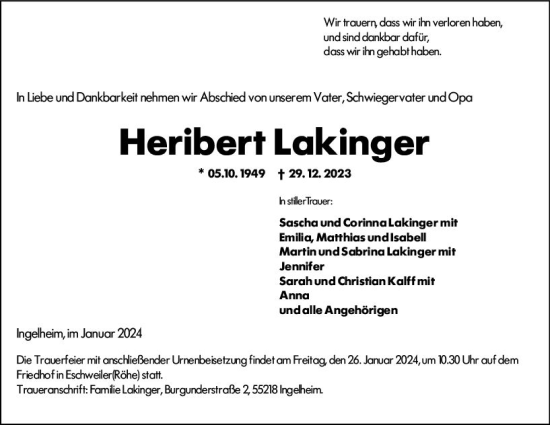 Traueranzeige von Heribert Lakinger von Allgemeine Zeitung Bingen/Ingelheim