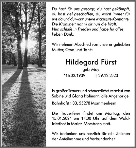 Traueranzeige von Hildegard Fürst von Allgemeine Zeitung Mainz