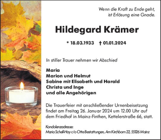 Traueranzeige von Hildegard Krämer von Allgemeine Zeitung Mainz