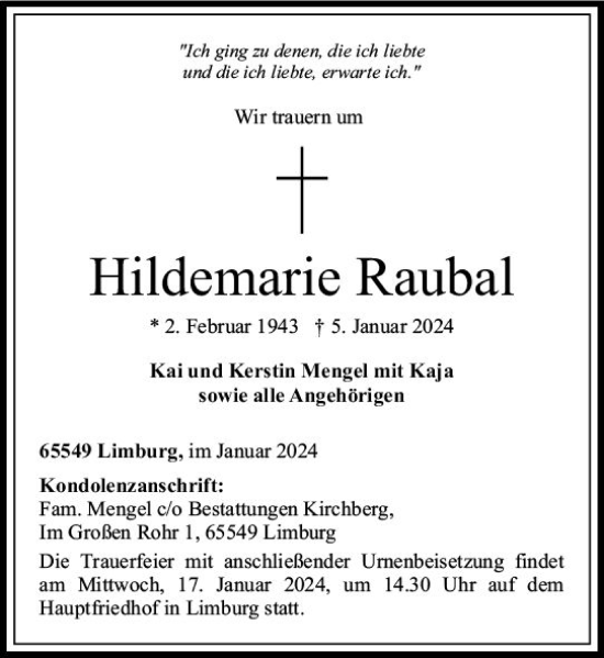 Traueranzeige von Hildemarie Raubal von Nassauische Neue Presse