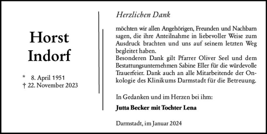 Traueranzeige von Horst Indorf von Darmstädter Echo