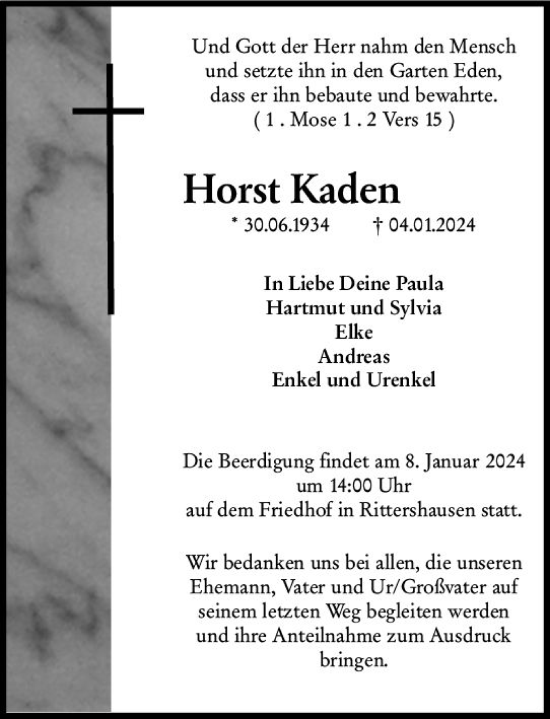 Traueranzeige von Horst Kaden von Dill Block