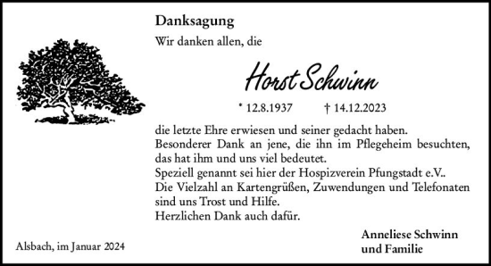 Traueranzeige von Horst Schwinn von Darmstädter Echo