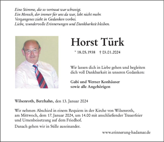 Traueranzeige von Horst Türk von Nassauische Neue Presse