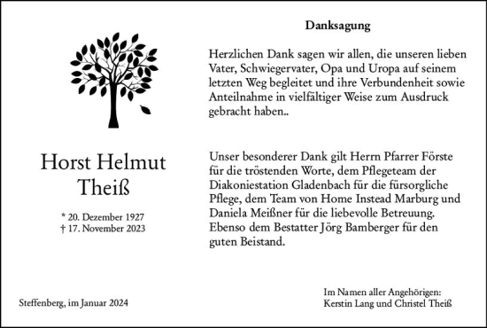 Traueranzeige von Horst Helmut Theiß von Hinterländer Anzeiger