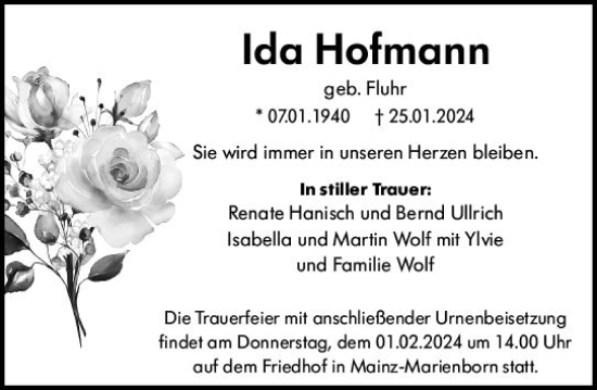 Traueranzeige von Ida Hofmann von Allgemeine Zeitung Mainz