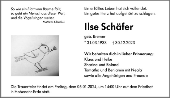 Traueranzeige von Ilse Schäfer von Wetzlarer Neue Zeitung